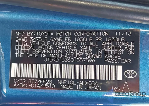 2013 Toyota Prius C Three z USA, uszkodzony, nr VIN JTDKDTB36D1557596